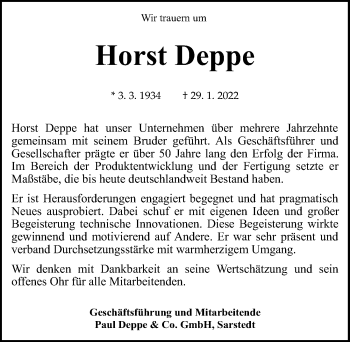 Traueranzeige von Horst Deppe von Hildesheimer Allgemeine Zeitung