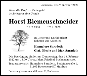 Traueranzeige von Horst Riemenschneider von Hildesheimer Allgemeine Zeitung
