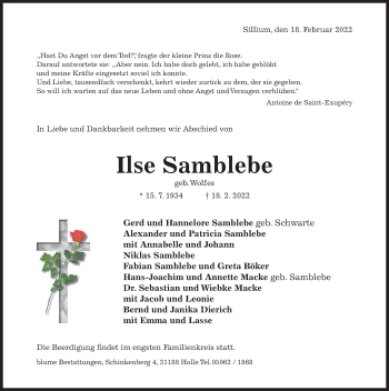 Traueranzeige von Ilse Samblebe von Hildesheimer Allgemeine Zeitung