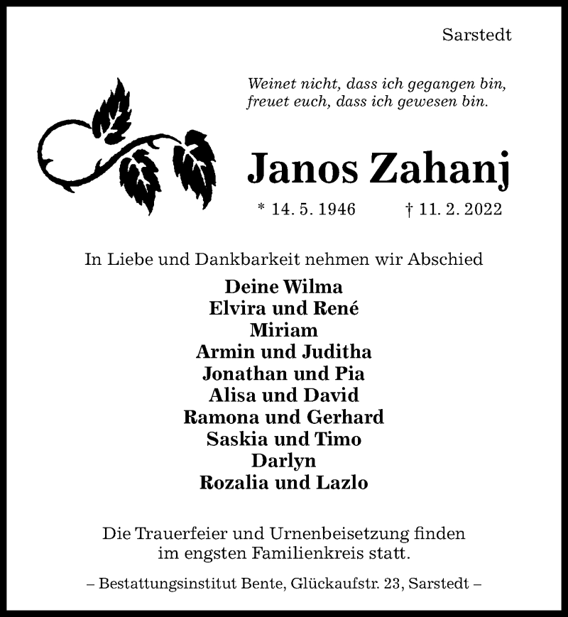  Traueranzeige für Janos Zahanj vom 16.02.2022 aus Hildesheimer Allgemeine Zeitung