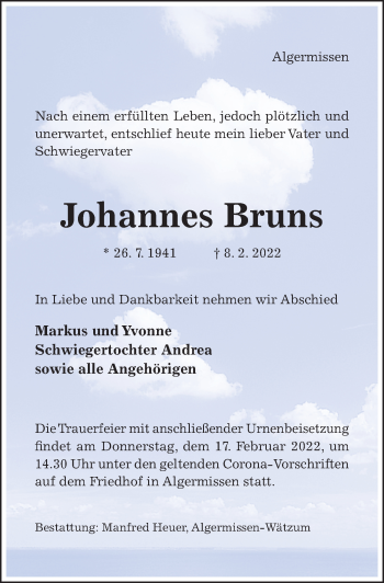 Traueranzeige von Johannes Bruns von Hildesheimer Allgemeine Zeitung