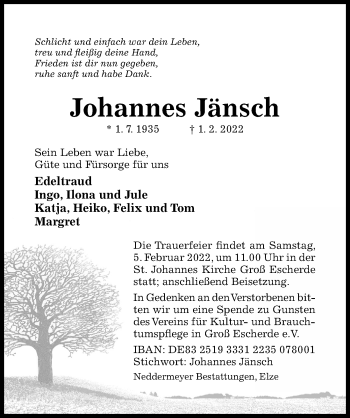 Traueranzeige von Johannes Jänsch von Hildesheimer Allgemeine Zeitung