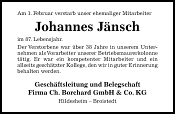 Traueranzeige von Johannes Jänsch von Hildesheimer Allgemeine Zeitung