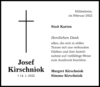 Traueranzeige von Josef Kirschniok von Hildesheimer Allgemeine Zeitung