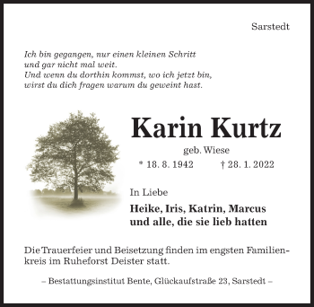 Traueranzeige von Karin Kurtz von Hildesheimer Allgemeine Zeitung