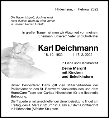 Traueranzeige von Karl Deichmann von Hildesheimer Allgemeine Zeitung