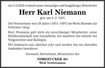 Traueranzeige von Karl Niemann von Hildesheimer Allgemeine Zeitung