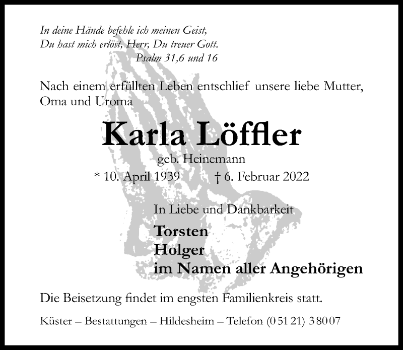  Traueranzeige für Karla Löffler vom 14.02.2022 aus Hildesheimer Allgemeine Zeitung