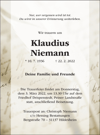 Traueranzeige von Klaudius Niemann von Hildesheimer Allgemeine Zeitung