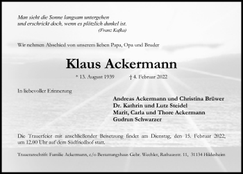 Traueranzeige von Klaus Ackermann von Hildesheimer Allgemeine Zeitung