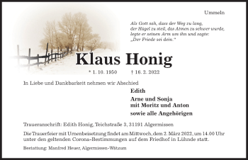 Traueranzeige von Klaus Honig von Hildesheimer Allgemeine Zeitung