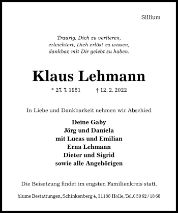 Traueranzeige von Klaus Lehmann von Hildesheimer Allgemeine Zeitung