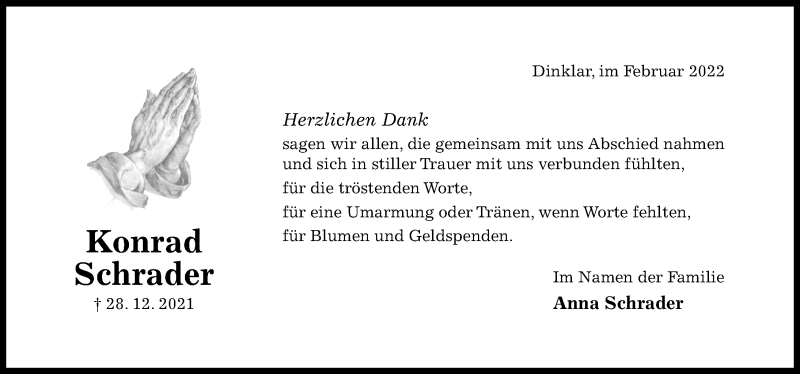  Traueranzeige für Konrad Schrader vom 12.02.2022 aus Hildesheimer Allgemeine Zeitung