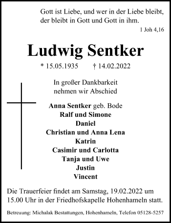Traueranzeige von Ludwig Sentker von Hildesheimer Allgemeine Zeitung