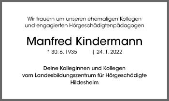 Traueranzeige von Manfred Kindermann von Hildesheimer Allgemeine Zeitung