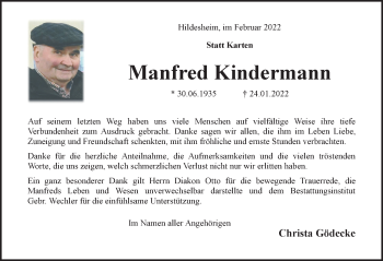 Traueranzeige von Manfred Kindermann von Hildesheimer Allgemeine Zeitung