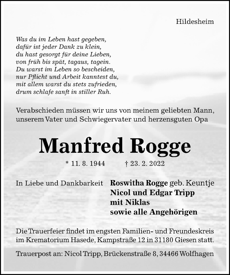  Traueranzeige für Manfred Rogge vom 26.02.2022 aus Hildesheimer Allgemeine Zeitung