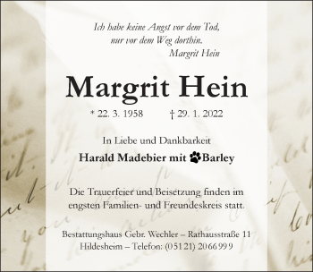 Traueranzeige von Margrit Hein von Hildesheimer Allgemeine Zeitung