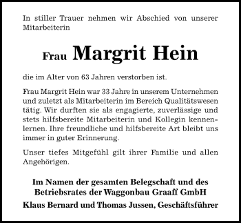 Traueranzeige von Margrit Hein von Hildesheimer Allgemeine Zeitung