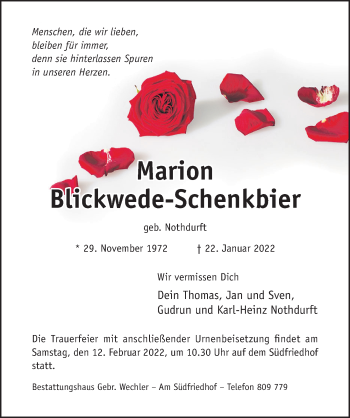 Traueranzeige von Marion Blickwede-Schenkbier von Hildesheimer Allgemeine Zeitung