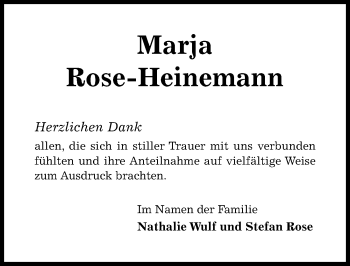 Traueranzeige von Marja Rose-Heinemann von Hildesheimer Allgemeine Zeitung
