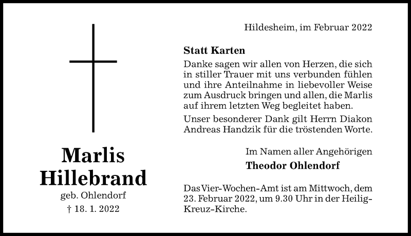  Traueranzeige für Marlis Hillebrand vom 12.02.2022 aus Hildesheimer Allgemeine Zeitung