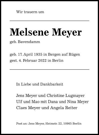 Traueranzeige von Melsene Meyer von Hildesheimer Allgemeine Zeitung