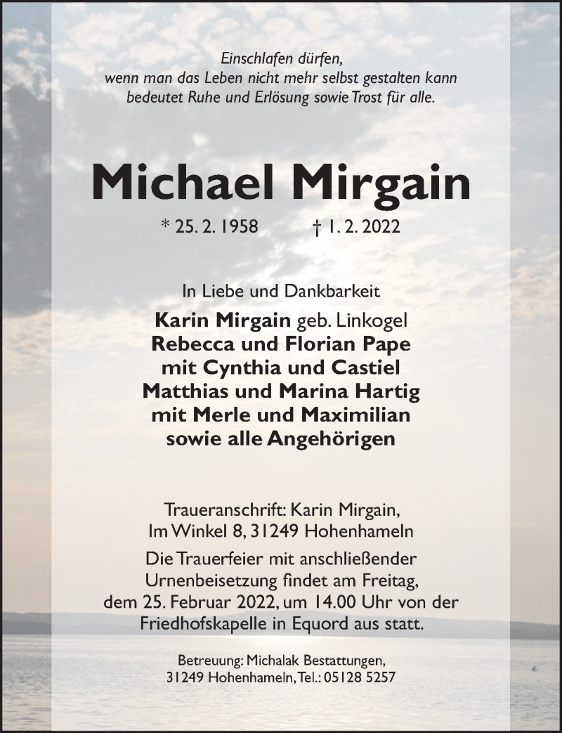  Traueranzeige für Michael Mirgain vom 03.02.2022 aus Hildesheimer Allgemeine Zeitung