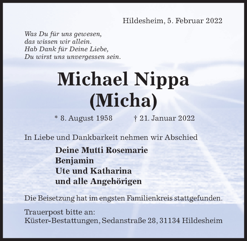  Traueranzeige für Michael Nippa vom 05.02.2022 aus Hildesheimer Allgemeine Zeitung