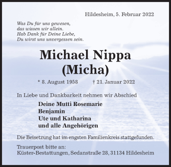 Traueranzeige von Michael Nippa von Hildesheimer Allgemeine Zeitung