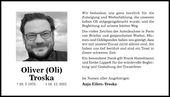 Traueranzeige von Oliver Troska von Hildesheimer Allgemeine Zeitung