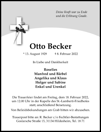 Traueranzeige von Otto Becker von Hildesheimer Allgemeine Zeitung
