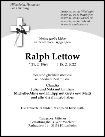 Traueranzeige von Ralph Lettow von Hildesheimer Allgemeine Zeitung