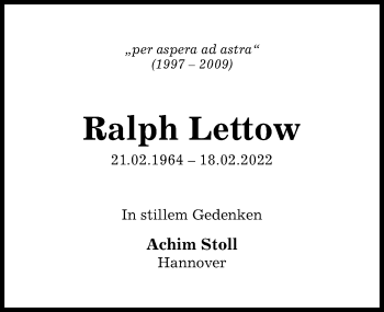 Traueranzeige von Ralph Lettow von Hildesheimer Allgemeine Zeitung