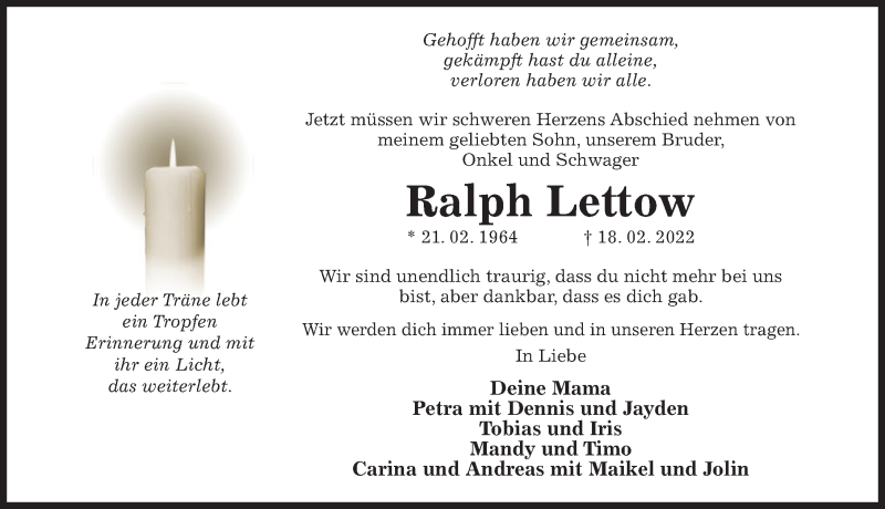  Traueranzeige für Ralph Lettow vom 23.02.2022 aus Hildesheimer Allgemeine Zeitung