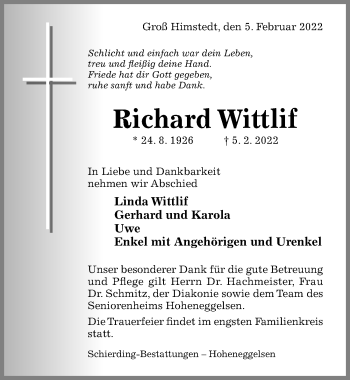 Traueranzeige von Richard Wittlif von Hildesheimer Allgemeine Zeitung