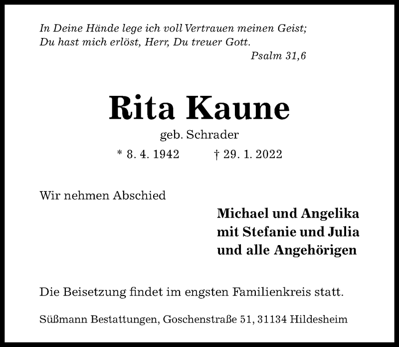  Traueranzeige für Rita Kaune vom 02.02.2022 aus Hildesheimer Allgemeine Zeitung