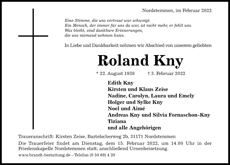  Traueranzeige für Roland Kny vom 12.02.2022 aus Hildesheimer Allgemeine Zeitung