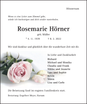 Traueranzeige von Rosemarie Hörner von Hildesheimer Allgemeine Zeitung