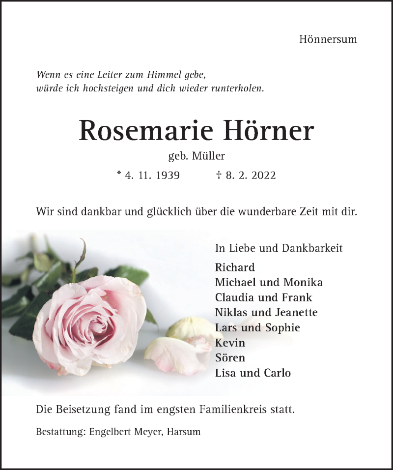  Traueranzeige für Rosemarie Hörner vom 12.02.2022 aus Hildesheimer Allgemeine Zeitung