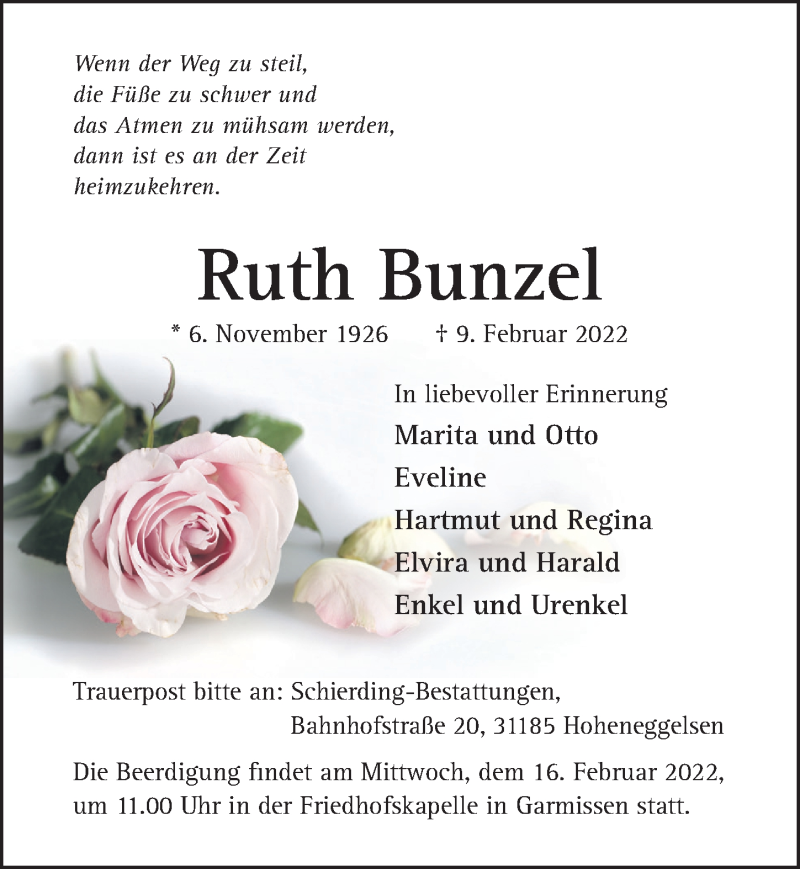  Traueranzeige für Ruth Bunzel vom 14.02.2022 aus Hildesheimer Allgemeine Zeitung