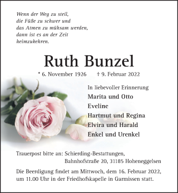 Traueranzeige von Ruth Bunzel von Hildesheimer Allgemeine Zeitung