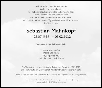 Traueranzeige von Sebastian Mahnkopf von Hildesheimer Allgemeine Zeitung