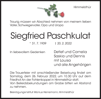 Traueranzeige von Siegfried Paschkulat von Hildesheimer Allgemeine Zeitung