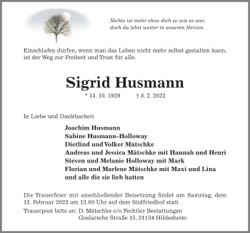 Traueranzeige von Sigrid Husmann von Hildesheimer Allgemeine Zeitung