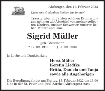 Traueranzeige von Sigrid Müller von Hildesheimer Allgemeine Zeitung