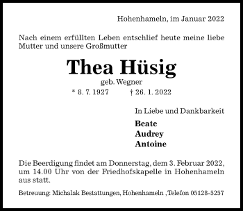 Traueranzeige von Thea Hüsig von Hildesheimer Allgemeine Zeitung