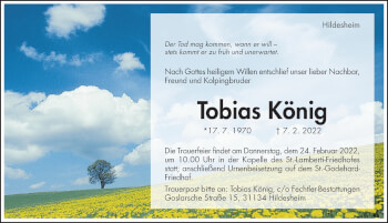 Traueranzeige von Tobias König von Hildesheimer Allgemeine Zeitung