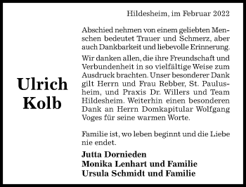 Traueranzeige von Ulrich Kolb von Hildesheimer Allgemeine Zeitung