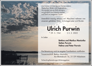 Traueranzeige von Ulrich Purwin von Hildesheimer Allgemeine Zeitung